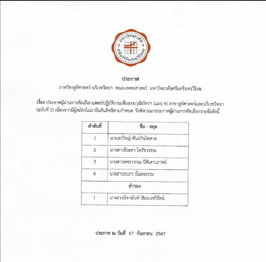 ประกาศ ผลผู้สมัครคัดเลือกแพทย์ปฏิบัติงานเพื่อสอบวุฒิบัตรฯ ประจำปีการศึกษา 2568 ฉบับที่ 2